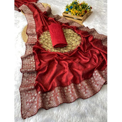 Mayawye Women's Silk Embroidred Saree With Unstitched Blouse 5.5Mtr (Red)