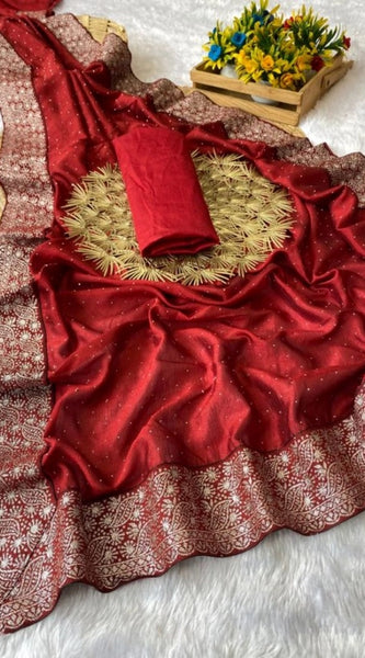 Mayawye Women's Silk Embroidred Saree With Unstitched Blouse 5.5Mtr (Red)