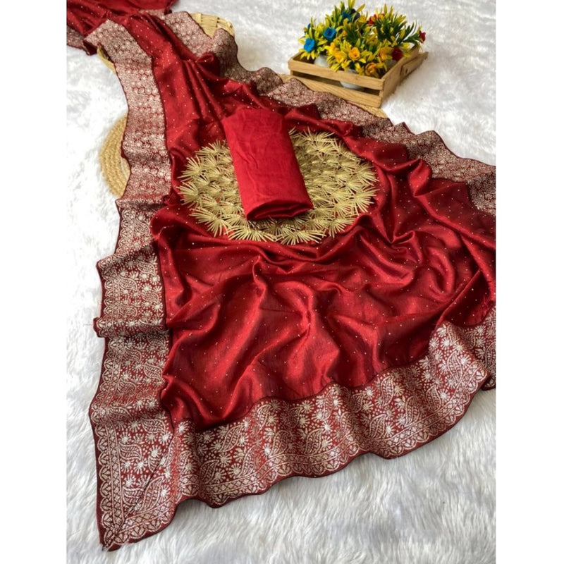 Mayawye Women's Silk Embroidred Saree With Unstitched Blouse 5.5Mtr (Red)