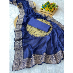 Mayawye Women's Silk Embroidred Saree With Unstitched Blouse 5.5Mtr (Blue)