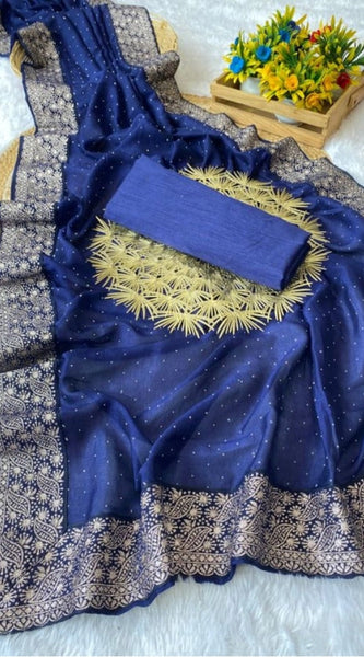 Mayawye Women's Silk Embroidred Saree With Unstitched Blouse 5.5Mtr (Blue)
