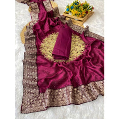 Mayawye Women's Silk Embroidred Saree With Unstitched Blouse 5.5Mtr (Purple)
