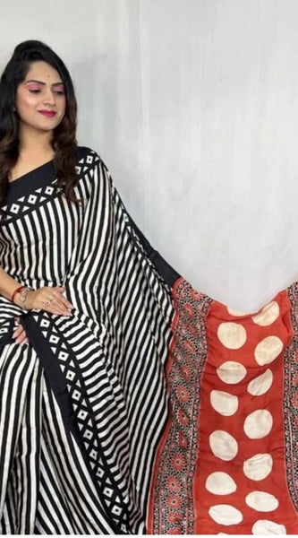 Mayawye Women's Satin Printed Saree With Unstitched Blouse 5.5Mtr (Black)