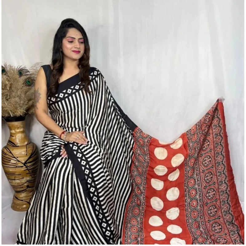 Mayawye Women's Satin Printed Saree With Unstitched Blouse 5.5Mtr (Black)