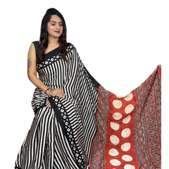 Mayawye Women's Satin Printed Saree With Unstitched Blouse 5.5Mtr (Black)