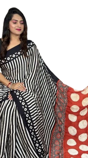Mayawye Women's Satin Printed Saree With Unstitched Blouse 5.5Mtr (Black)