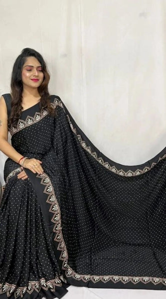 Mayawye Women's Satin Printed Saree With Unstitched Blouse 5.5Mtr (Black)
