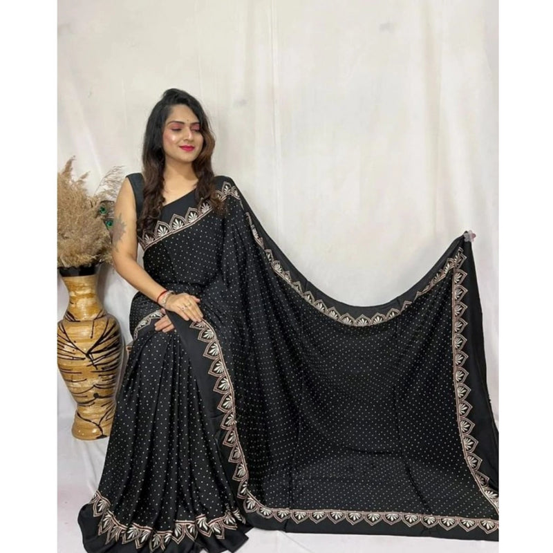Mayawye Women's Satin Printed Saree With Unstitched Blouse 5.5Mtr (Black)