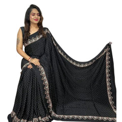 Mayawye Women's Satin Printed Saree With Unstitched Blouse 5.5Mtr (Black)