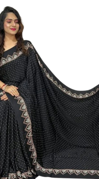 Mayawye Women's Satin Printed Saree With Unstitched Blouse 5.5Mtr (Black)