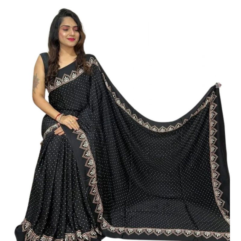 Mayawye Women's Satin Printed Saree With Unstitched Blouse 5.5Mtr (Black)