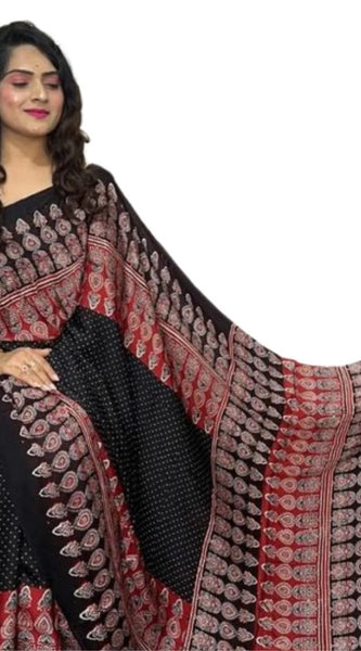 Mayawye Women's Satin Printed Saree With Unstitched Blouse 5.5Mtr (Black)