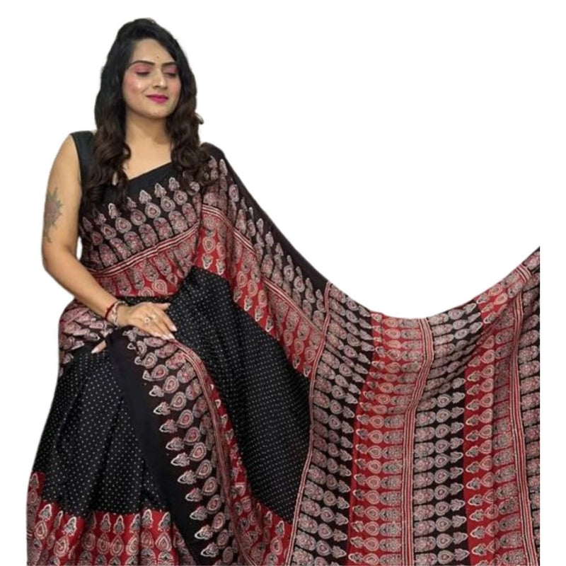 Mayawye Women's Satin Printed Saree With Unstitched Blouse 5.5Mtr (Black)