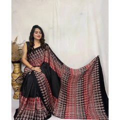 Mayawye Women's Satin Printed Saree With Unstitched Blouse 5.5Mtr (Black)