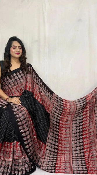 Mayawye Women's Satin Printed Saree With Unstitched Blouse 5.5Mtr (Black)