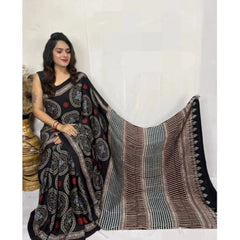 Mayawye Women's Satin Printed Saree With Unstitched Blouse 5.5Mtr (Black)