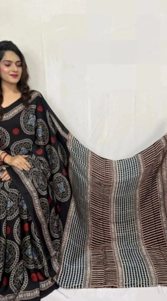 Mayawye Women's Satin Printed Saree With Unstitched Blouse 5.5Mtr (Black)