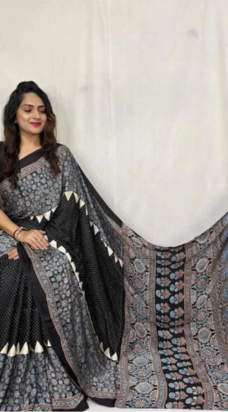 Mayawye Women's Satin Printed Saree With Unstitched Blouse 5.5Mtr (Black)