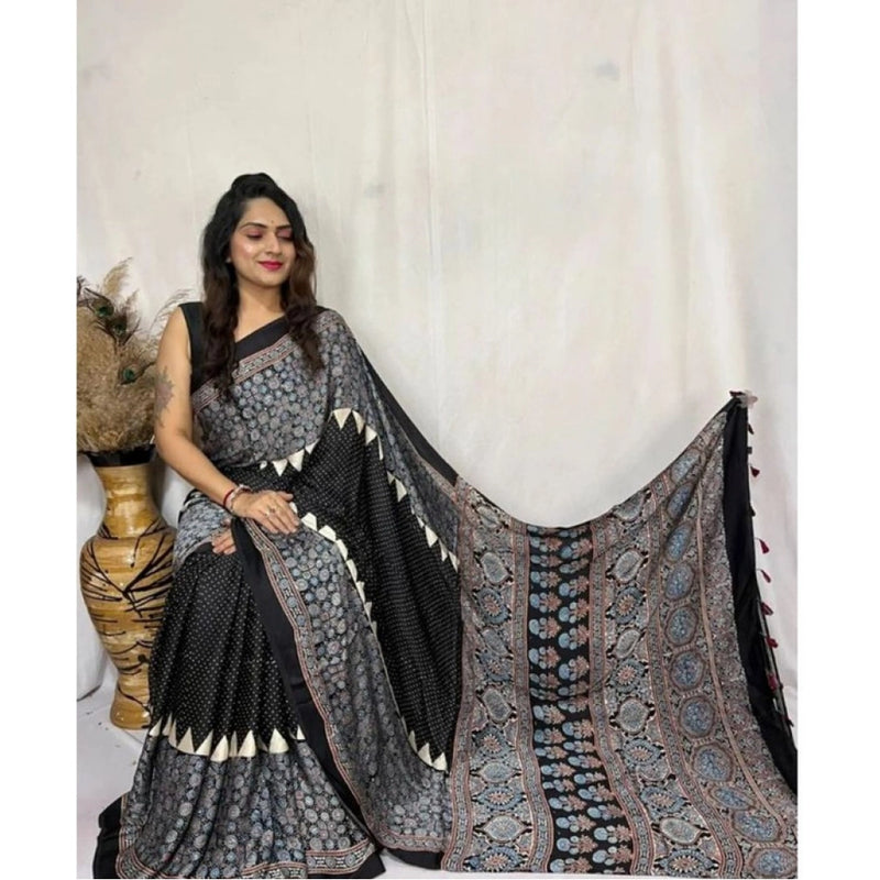 Mayawye Women's Satin Printed Saree With Unstitched Blouse 5.5Mtr (Black)