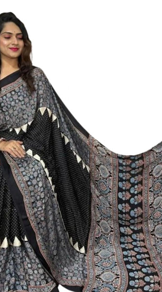 Mayawye Women's Satin Printed Saree With Unstitched Blouse 5.5Mtr (Black)