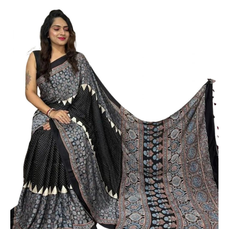 Mayawye Women's Satin Printed Saree With Unstitched Blouse 5.5Mtr (Black)
