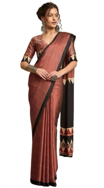 Mayawye Women's Satin Printed Saree With Unstitched Blouse 5.5Mtr (Black)