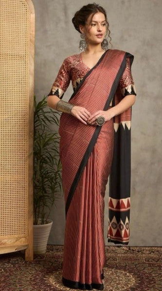 Mayawye Women's Satin Printed Saree With Unstitched Blouse 5.5Mtr (Black)