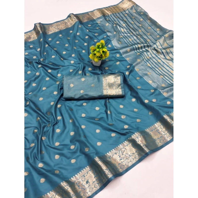 Mayawye Women's Jacquard Silk Jaquard Woven Saree With Unstitched Blouse 5.5Mtr (Light Blue)