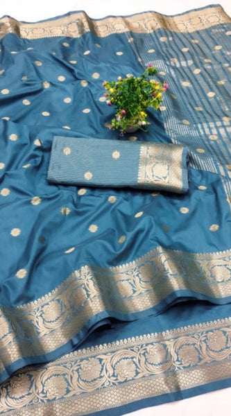 Mayawye Women's Jacquard Silk Jaquard Woven Saree With Unstitched Blouse 5.5Mtr (Light Blue)