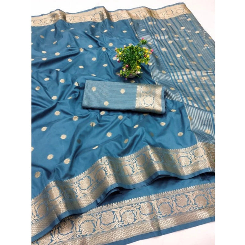 Mayawye Women's Jacquard Silk Jaquard Woven Saree With Unstitched Blouse 5.5Mtr (Light Blue)