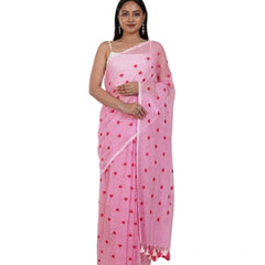 Mayawye Women's Linen Printed Saree With Unstitched Blouse 5.5Mtr (Pink)