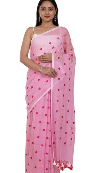 Mayawye Women's Linen Printed Saree With Unstitched Blouse 5.5Mtr (Pink)