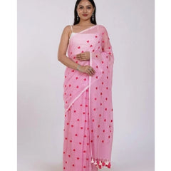 Mayawye Women's Linen Printed Saree With Unstitched Blouse 5.5Mtr (Pink)