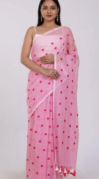 Mayawye Women's Linen Printed Saree With Unstitched Blouse 5.5Mtr (Pink)