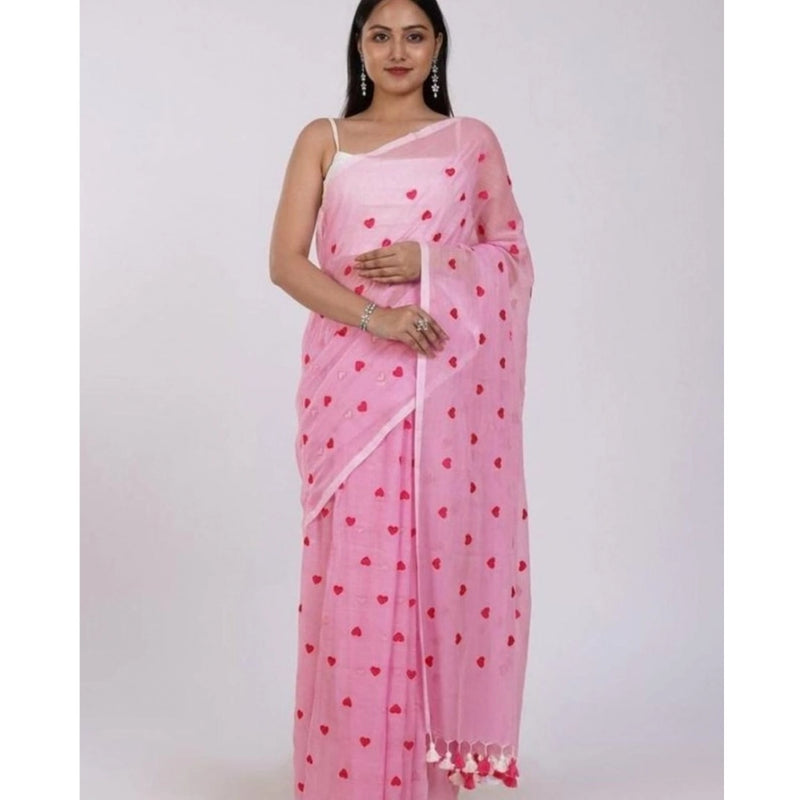 Mayawye Women's Linen Printed Saree With Unstitched Blouse 5.5Mtr (Pink)
