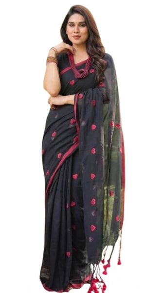 Mayawye Women's Linen Printed Saree With Unstitched Blouse 5.5Mtr (Black)