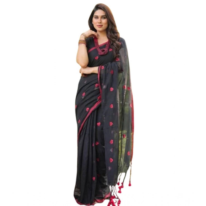 Mayawye Women's Linen Printed Saree With Unstitched Blouse 5.5Mtr (Black)