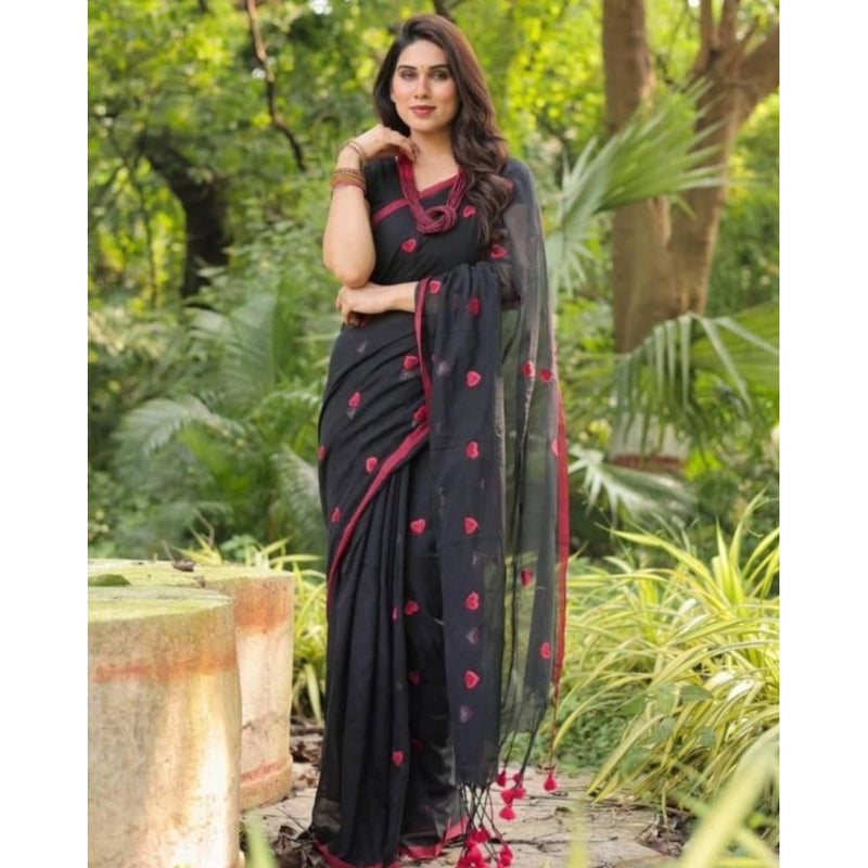 Mayawye Women's Linen Printed Saree With Unstitched Blouse 5.5Mtr (Black)