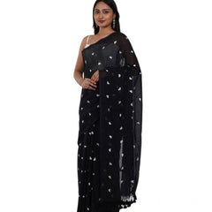 Mayawye Women's Linen Printed Saree With Unstitched Blouse 5.5Mtr (Black)
