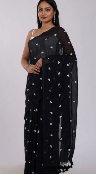 Mayawye Women's Linen Printed Saree With Unstitched Blouse 5.5Mtr (Black)