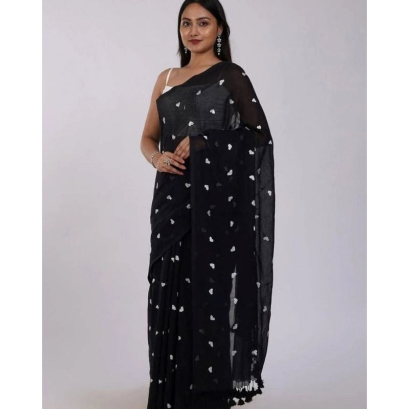 Mayawye Women's Linen Printed Saree With Unstitched Blouse 5.5Mtr (Black)