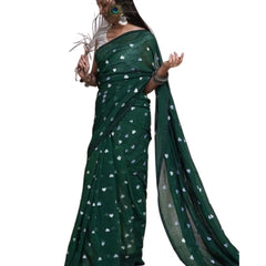 Mayawye Women's Linen Printed Saree With Unstitched Blouse 5.5Mtr (Green)