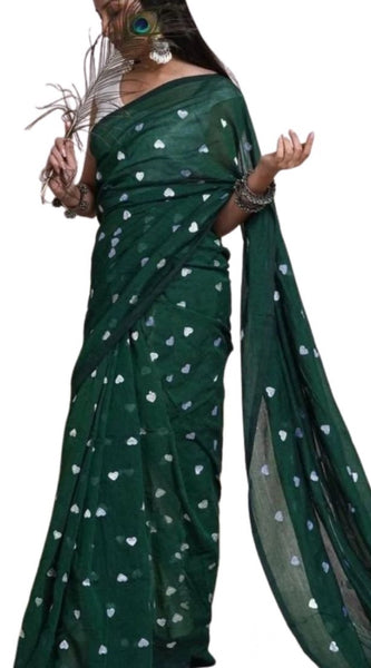 Mayawye Women's Linen Printed Saree With Unstitched Blouse 5.5Mtr (Green)