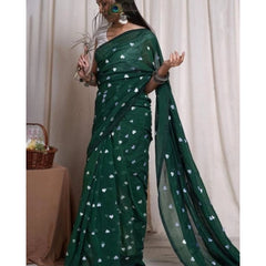 Mayawye Women's Linen Printed Saree With Unstitched Blouse 5.5Mtr (Green)
