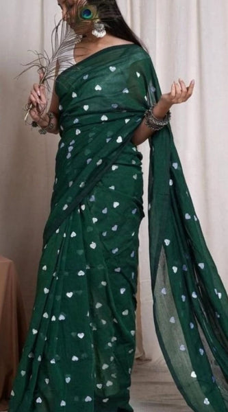 Mayawye Women's Linen Printed Saree With Unstitched Blouse 5.5Mtr (Green)