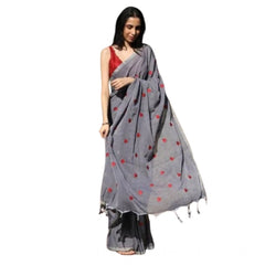 Mayawye Women's Linen Printed Saree With Unstitched Blouse 5.5Mtr (Grey)