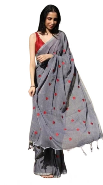 Mayawye Women's Linen Printed Saree With Unstitched Blouse 5.5Mtr (Grey)