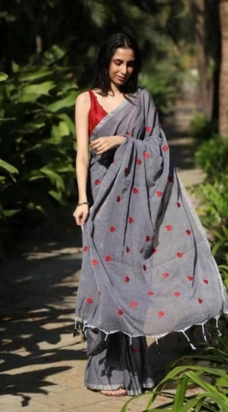 Mayawye Women's Linen Printed Saree With Unstitched Blouse 5.5Mtr (Grey)