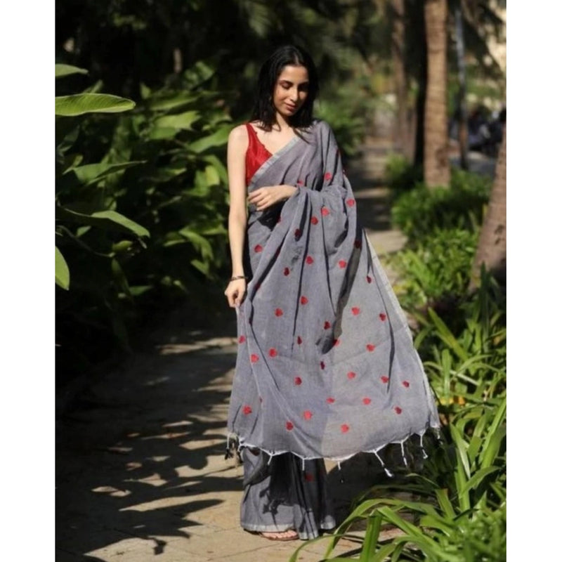 Mayawye Women's Linen Printed Saree With Unstitched Blouse 5.5Mtr (Grey)