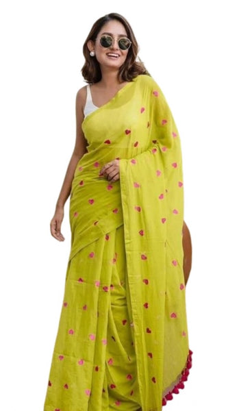 Mayawye Women's Linen Printed Saree With Unstitched Blouse 5.5Mtr (Light Green)
